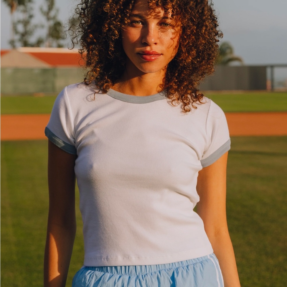 White and Blue Trim Women's Top